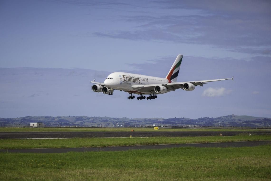 An Emirates A380 landing.
