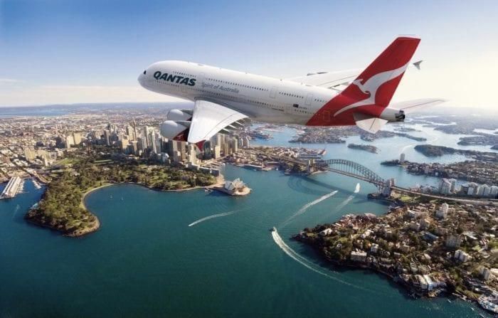 A Qantas A380 glides over Sydney.
