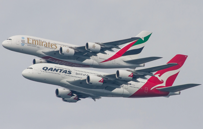 qantas emirates flypast of two dreamliners