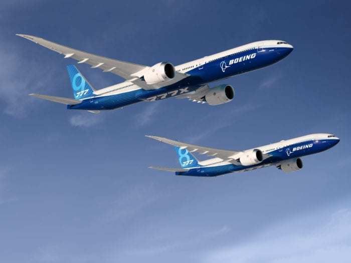 A rendering of the 777-9X and 777-8X.