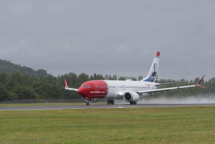 Norwegian Boeing 737 Max 8 takes off from Edinburgh Airport.