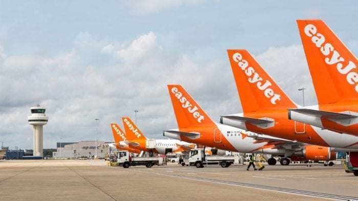 line of tail fins of EasyJet aircraft