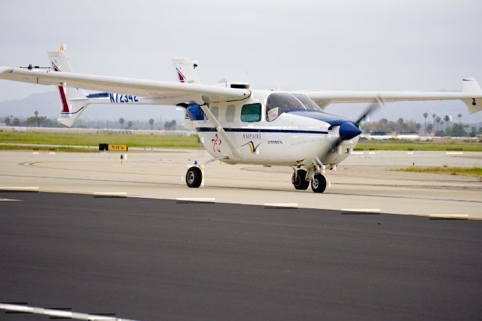 An Ampire Hybrid Cessna 337 taxiing to the runway.