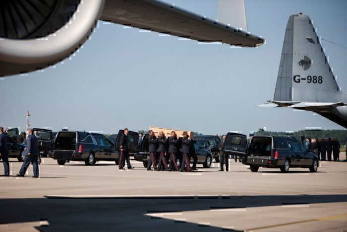 Arrival of corpses from MH17 at Eindhoven Airport.