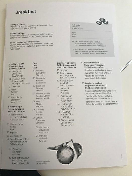 Swiss business menu card