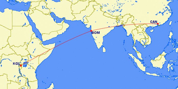 Route Map: KGL-BOM-CAN. Photo: Great Circle Mapper