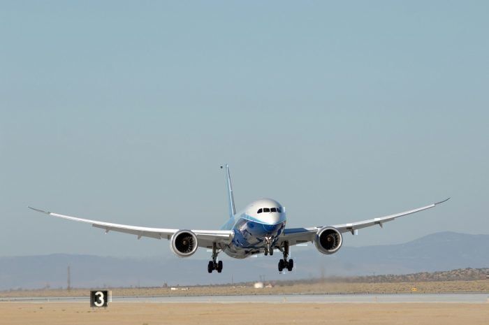 A Boeing plane about to land during a crosswind test.