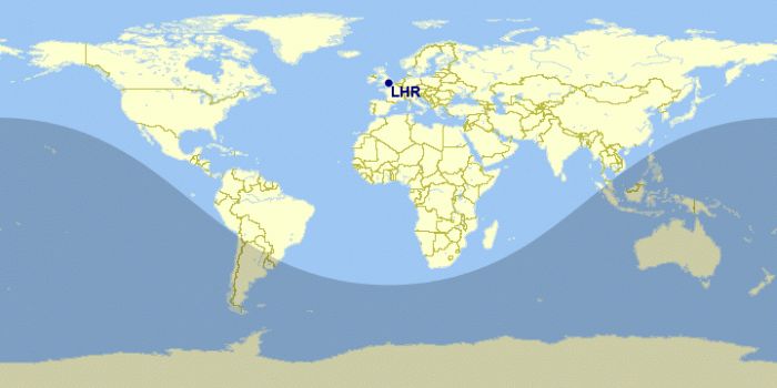 A map showing what the range of an Airbus A380 freighter would be.