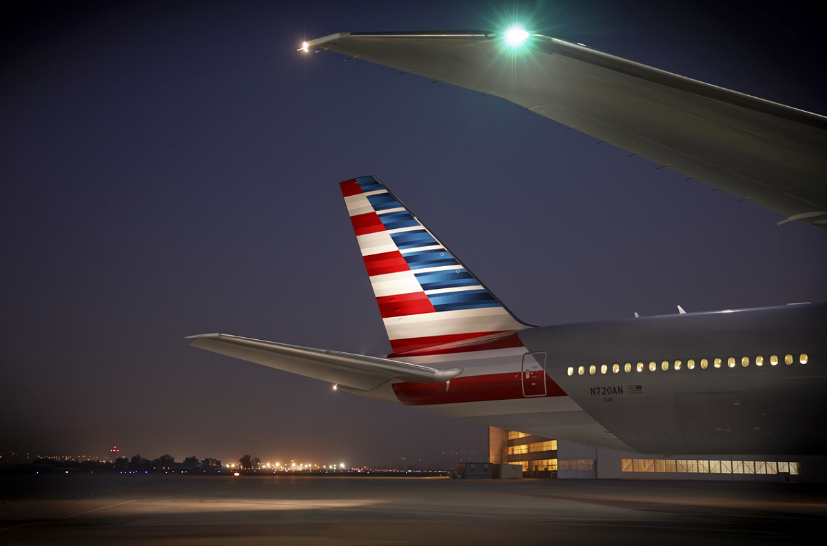 American airlines tail-fin night shot