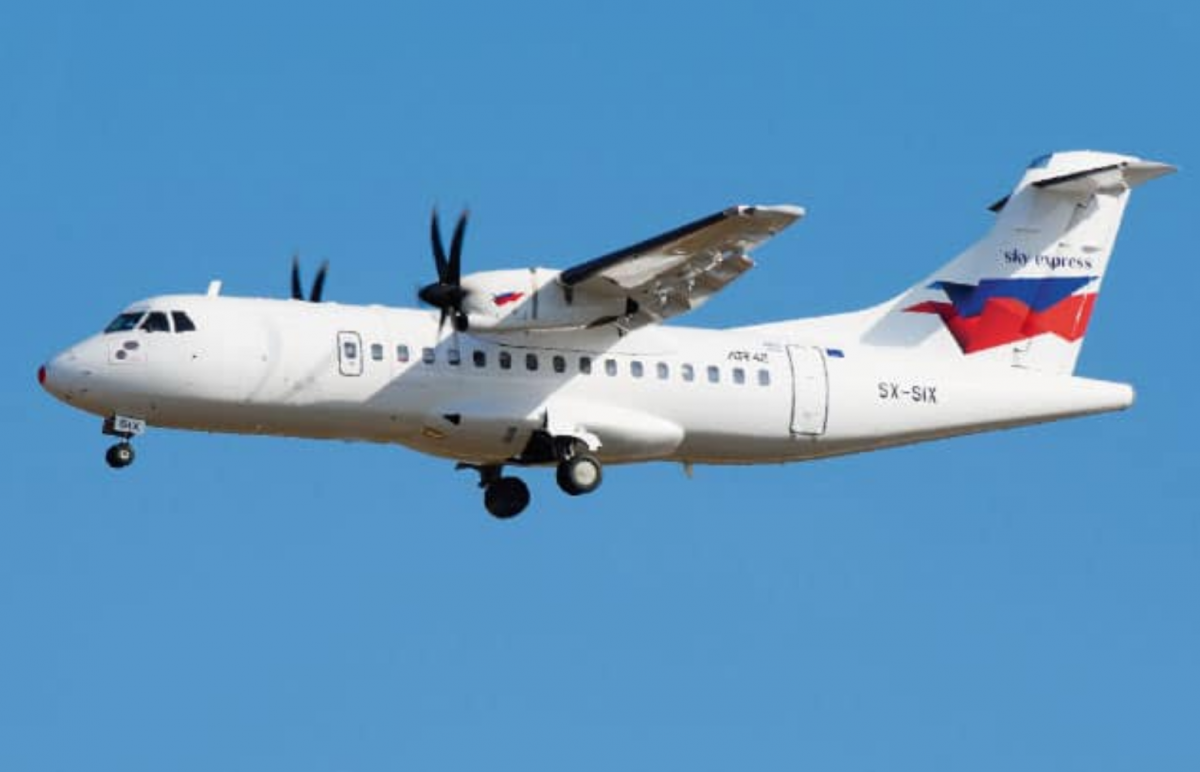 A Sky Express ATR 42-500 flying in the sky.