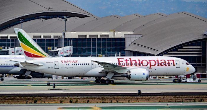 An Ethiopian Airlines 787-8 Dreamliner at Los Angeles International Airport.