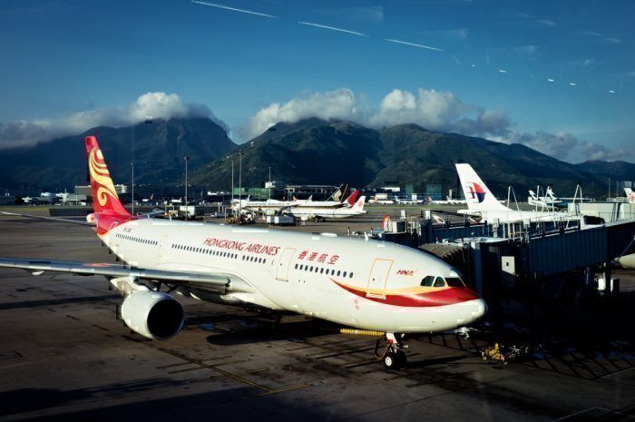 A Hong Kong Airlines jet on the runway in Hong Kong