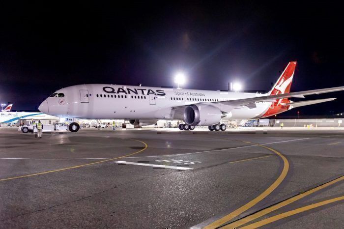 Qantas B787-9 on taxiway at night
