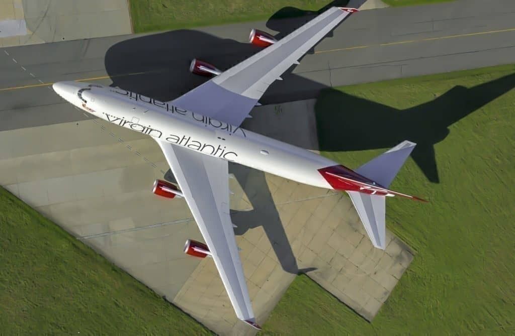 A Virgin Atlantic Boeing 747 seen from above.