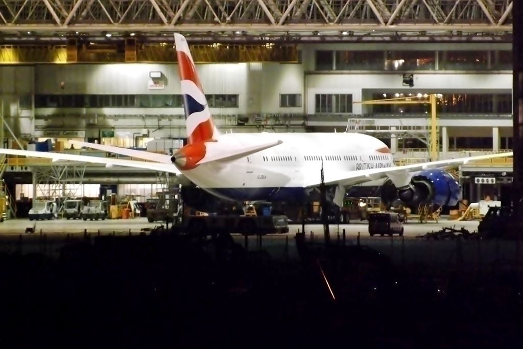A British Airways 787 Dreamliner in its hanger
