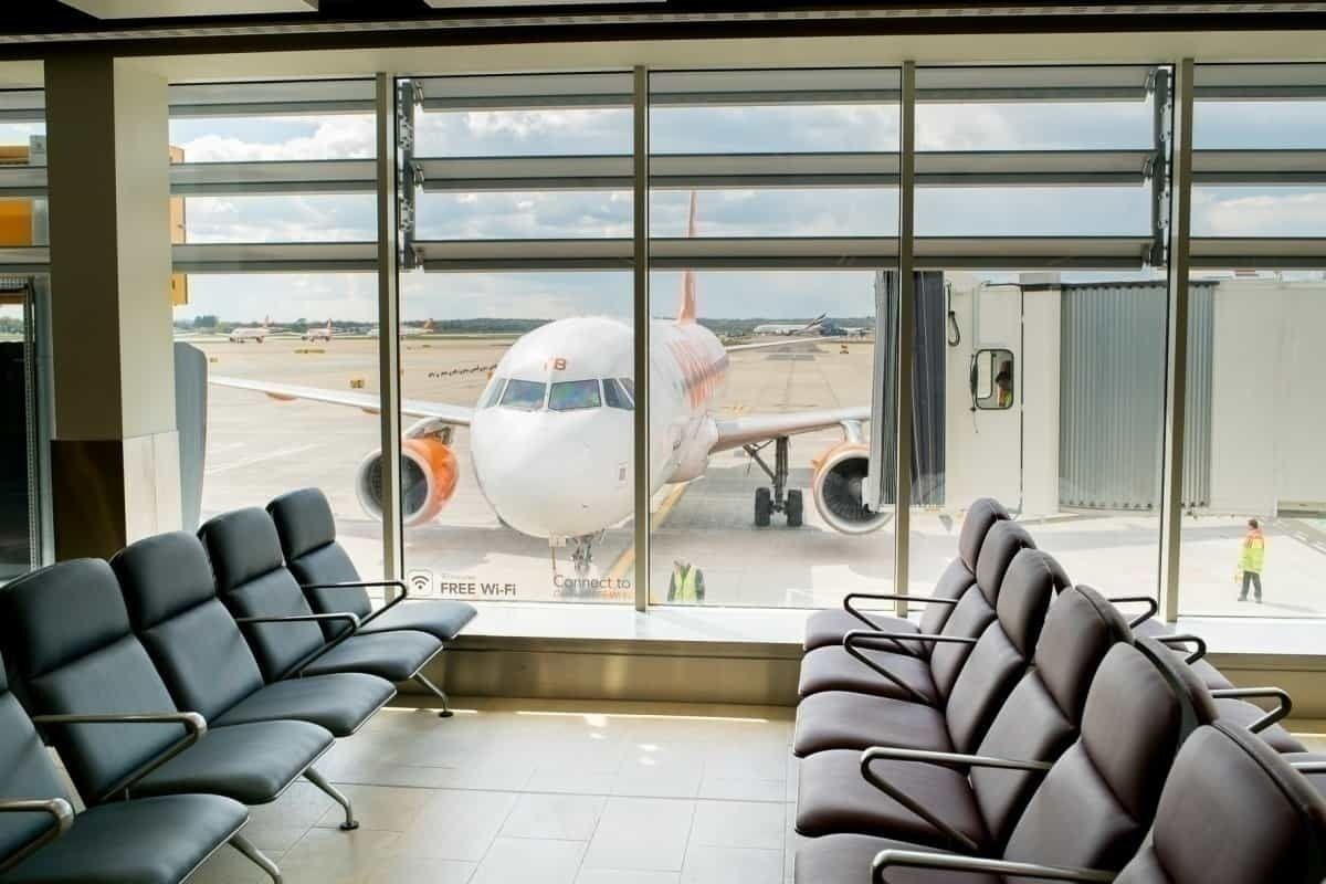 Empty boarding lounge and easyjet aeroplane