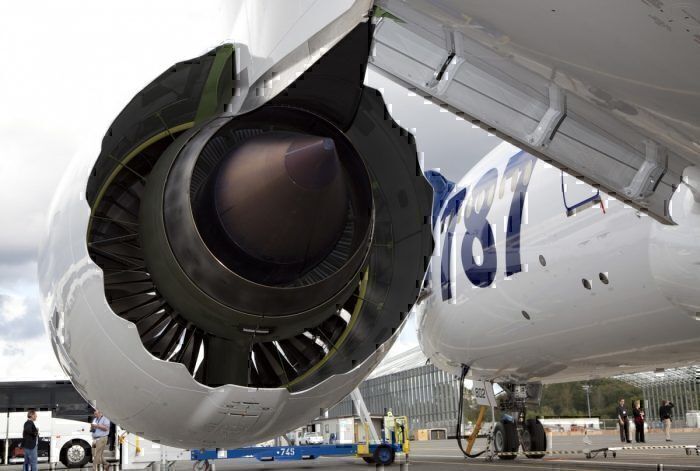 A closeup of the engine on a Boeing 787.