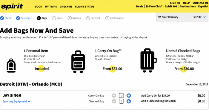 Baggage fees for store spirit airlines 2019