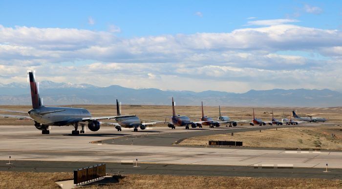 Line up of jets at Denver airport
