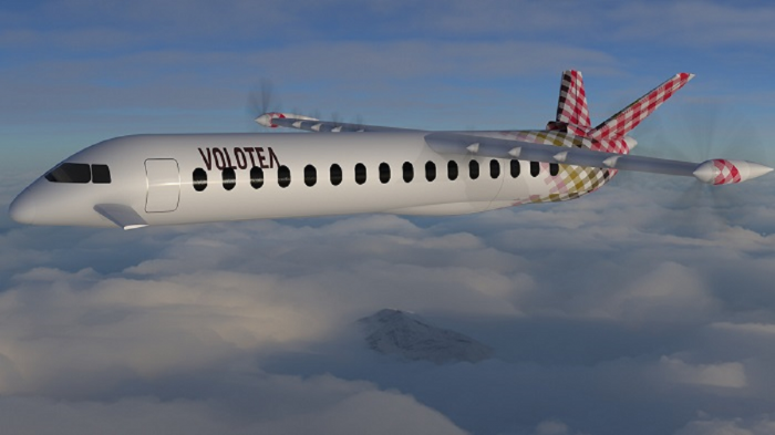 DANTE AeroNautical's DAX-19 Hybrid Electric Aircraft in Volotea Livery flying through the clouds
