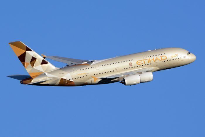 An Etihad A380 shortly after Take-Off from London Heathrow