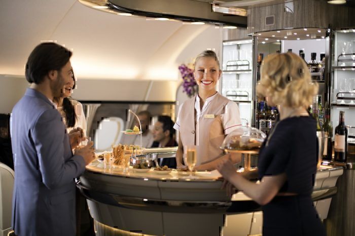 An Emirates Airbus A380 bar/lounge
