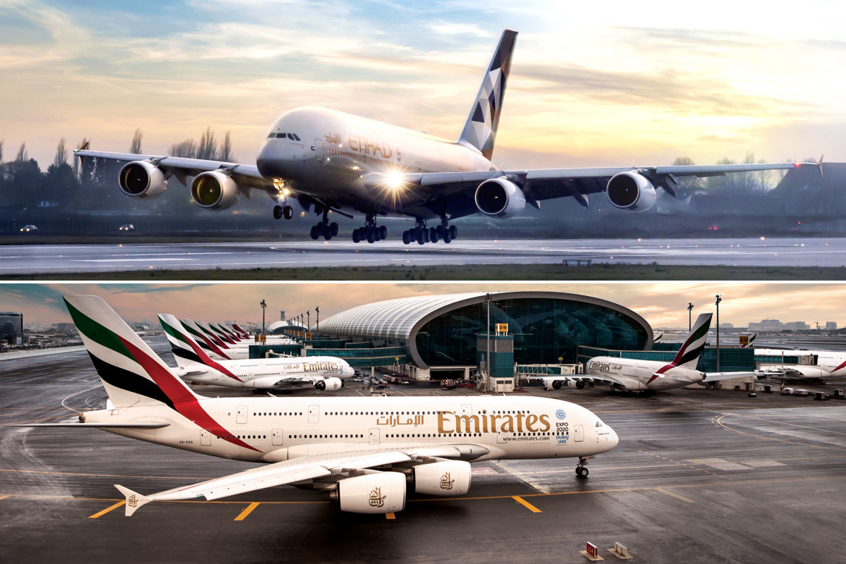 Top half includes an Etihad A380 taking off, and the bottom half is an Emirates A380 taxiing at Dubai International Airport.