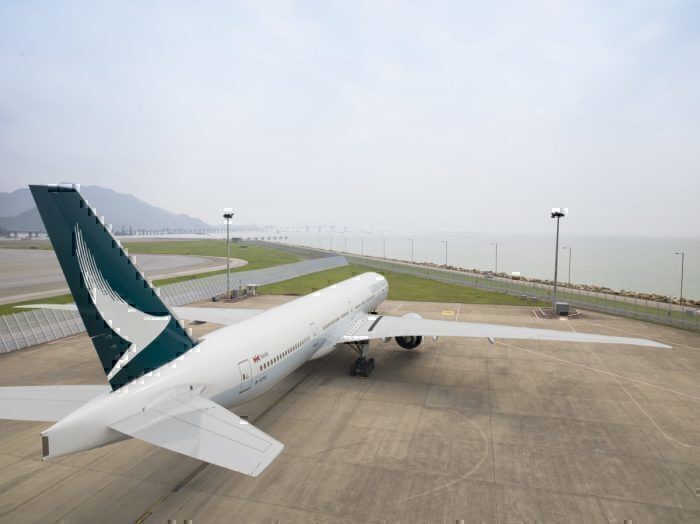 View of Cathay Pacific 777 aircraft from behind and above.