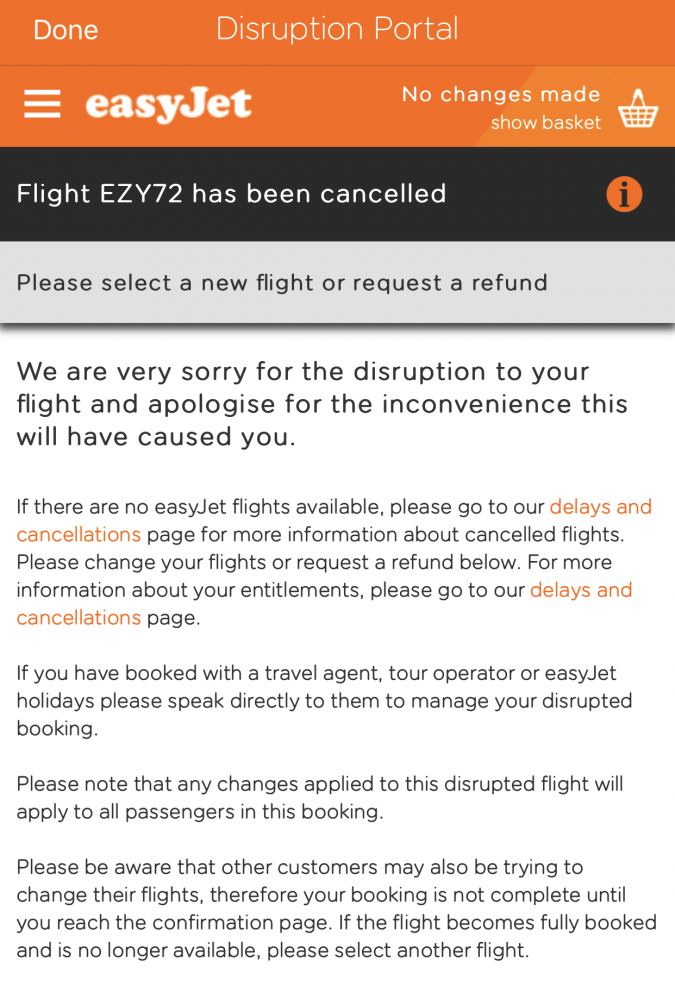 easyJet app flight cancelled