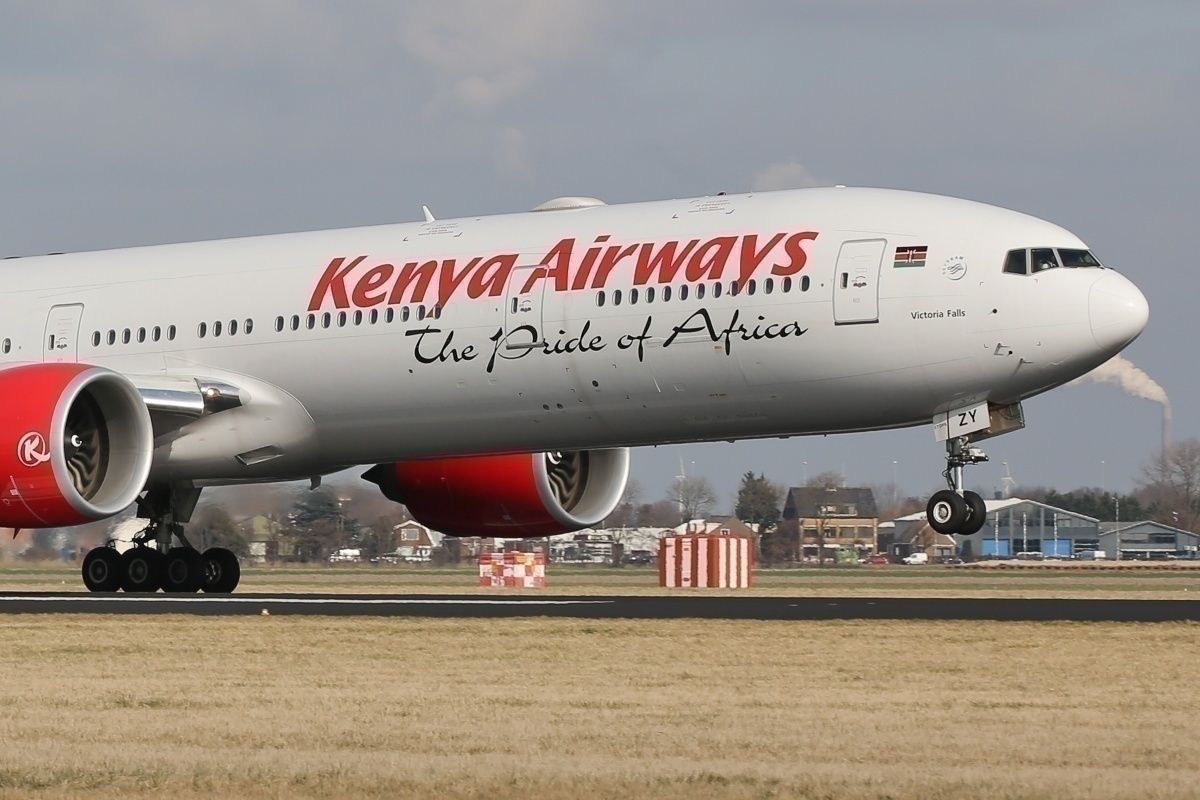 Kenya Airways 777 taking off from runway
