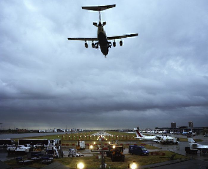Aircraft flies over London city airport