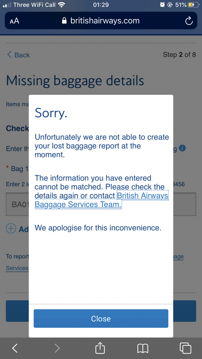 British Airways lost luggage app support
