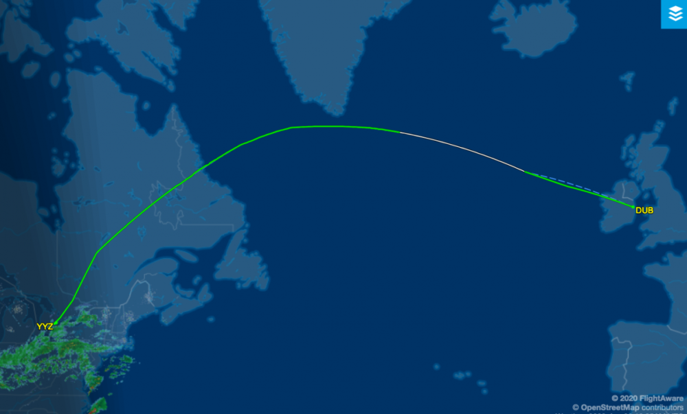 WestJet flight from Dublin to Toronto