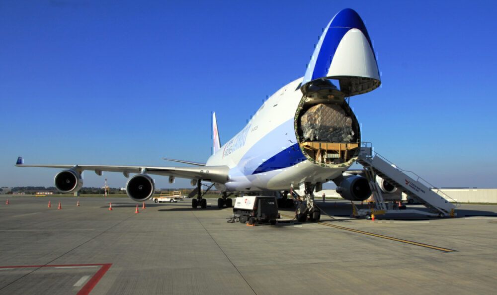 Cargo aircraft Boeing 747-400F loading cargo on Václav Havel Airport Prague, Czech Republic