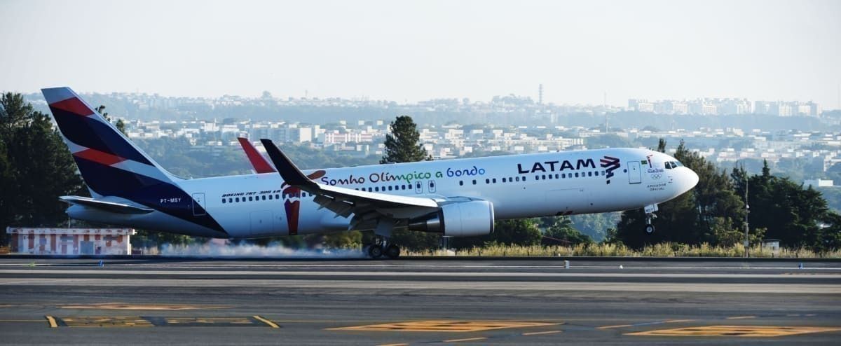 A LATAM Boeing 767-300ER aircraft in special Rio 2016 livery transporting the Olympic flame arrives in Brasilia