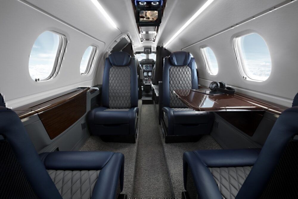 Inside an Embraer private jet.