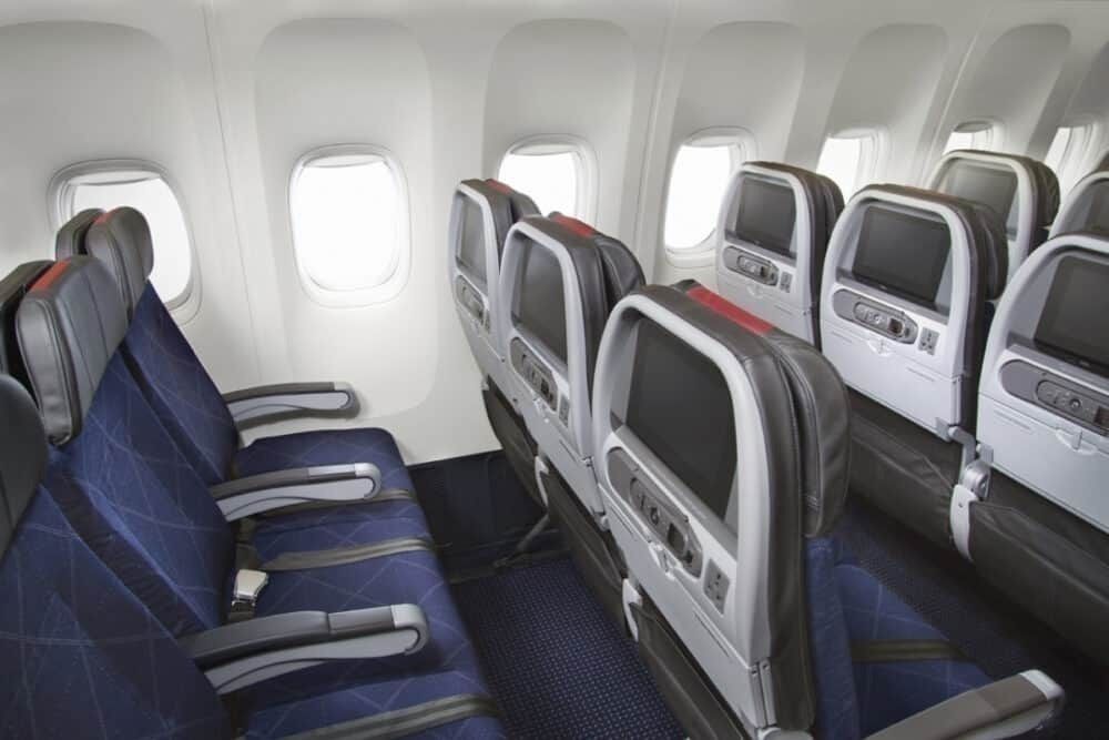 A couple of rows of American Airlines Main Cabin Extra seats.