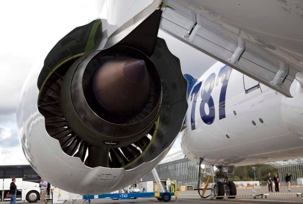 A Rolls-Royce Trent 1000 engine installed on a Boeing 787.