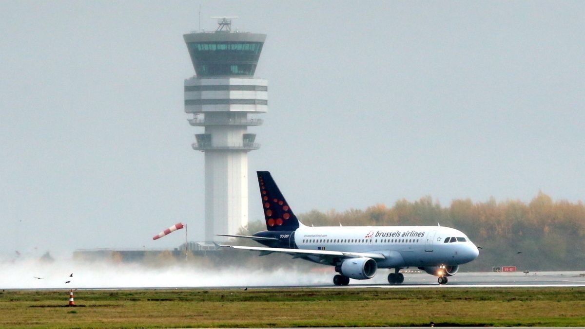 Brussels Airlines plane is seen at Brussels Airport as storm 'Ciara' and its strong winds effect the activity at the airport, in Brussels, Belgium on February 9, 2020