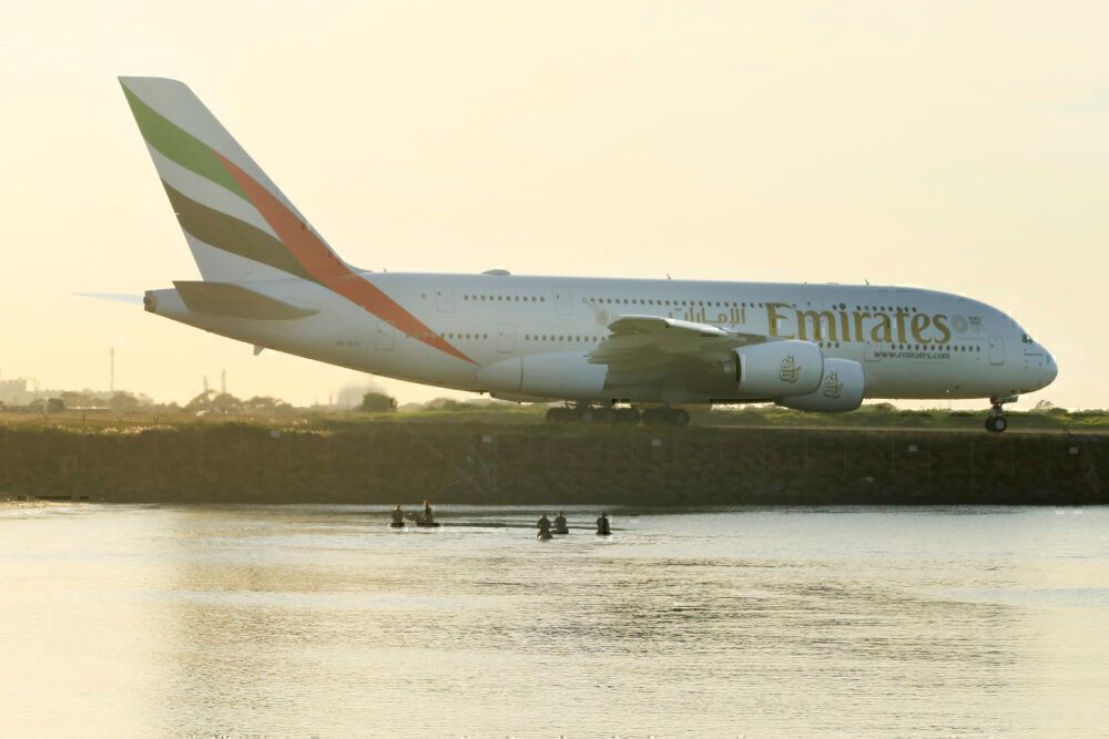 Emirates A380 on an active taxiway.
