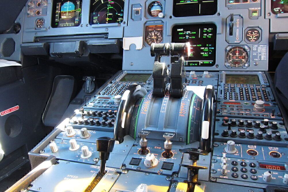 Inside the cockpit of an Airbus A320.