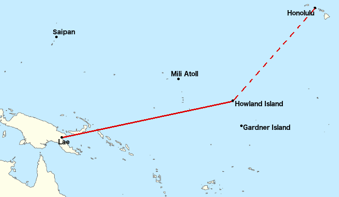 A map showing the route Amelia Earhart should have taken.