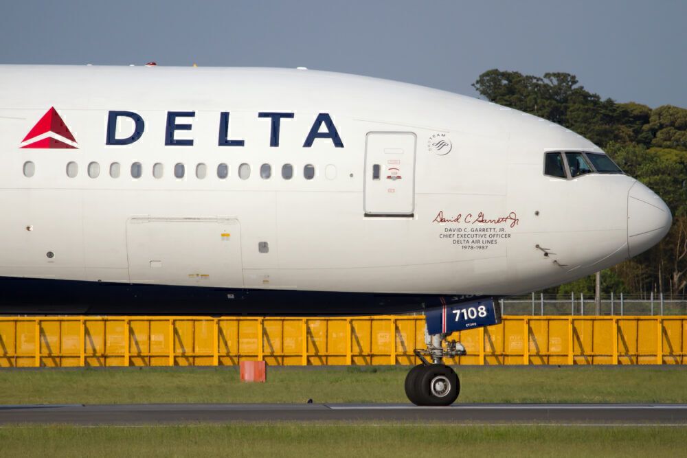 The nose of a Delta Air Lines Boeing 777-200ER dedicated to
