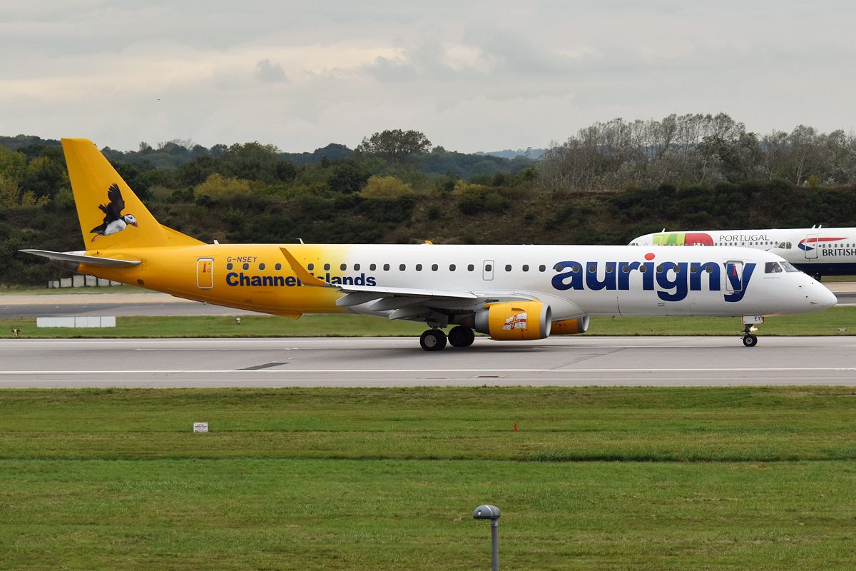Aurigny Air Services' Embraer ERJ-195, registration G-NSEY, on the runway.