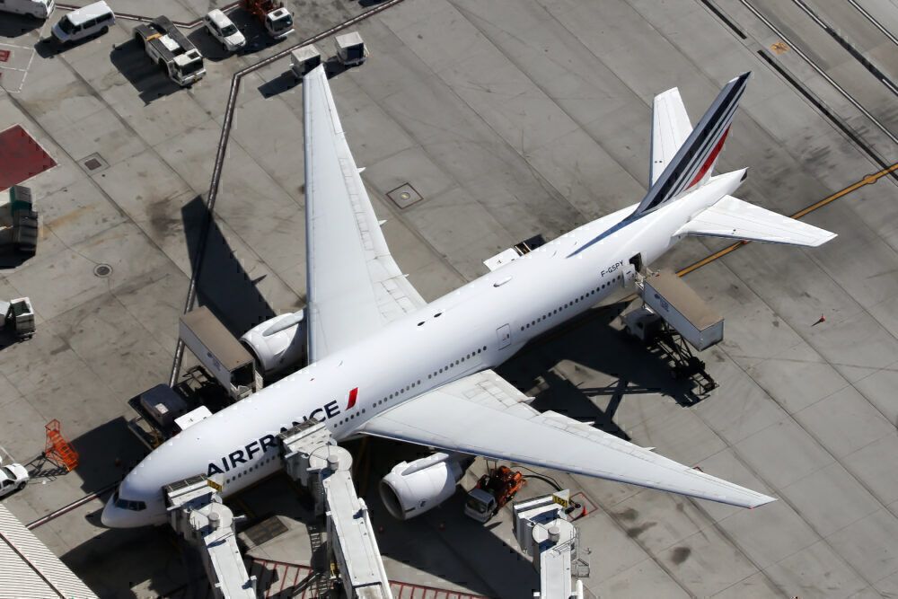 An Air France Boeing 777-200ER parked at the gate at Los