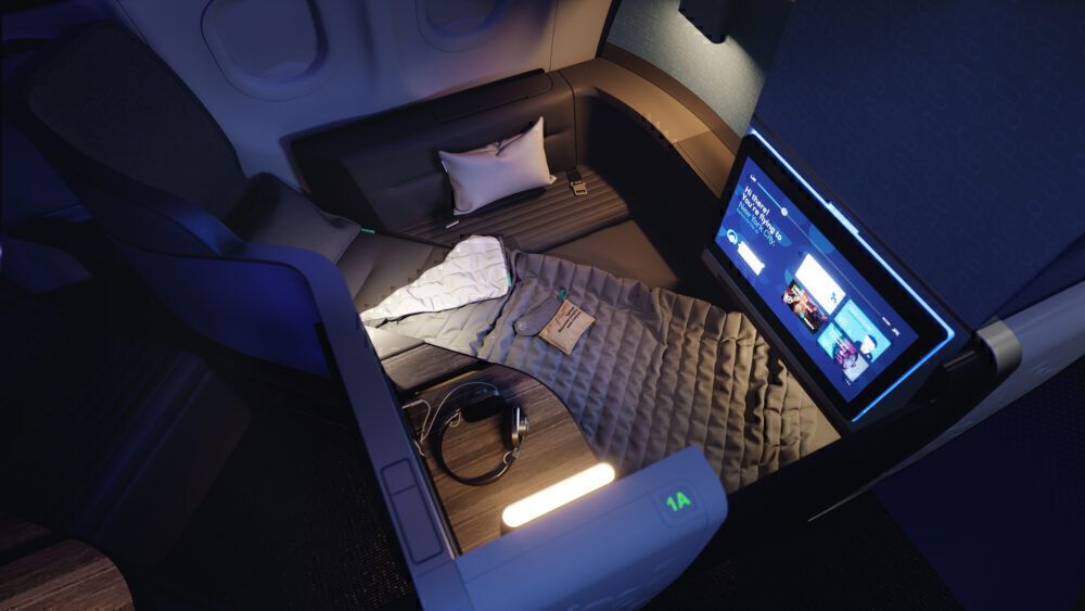 An aerial view of a JetBlue Mint business class suite.