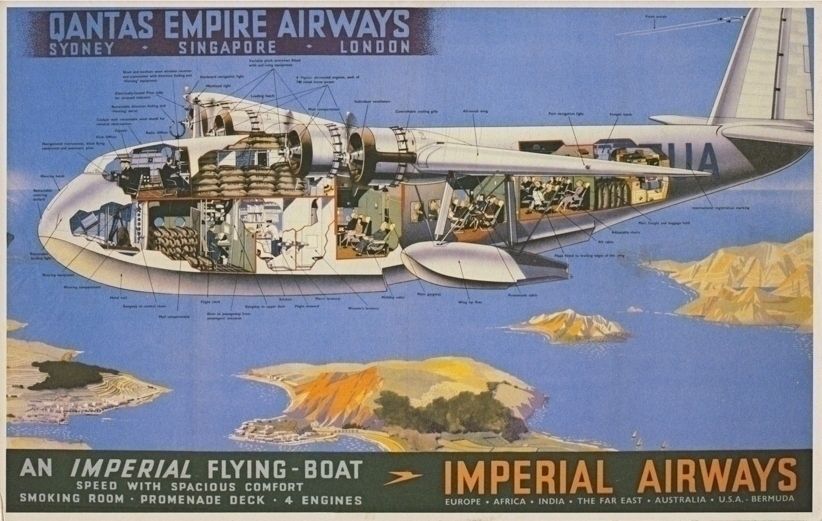 A Qantas Empire Airways advertisement for a flight on the imperial flying boat from Sydney to London via Singapore.