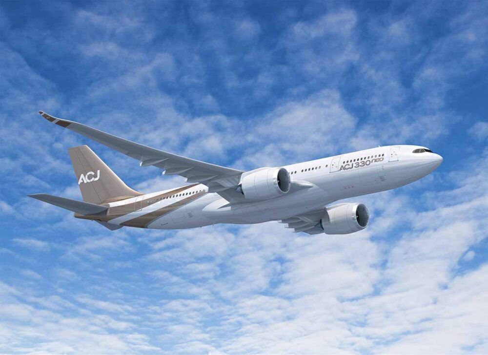 An Airbus ACJ330neo business jet flying in the sky