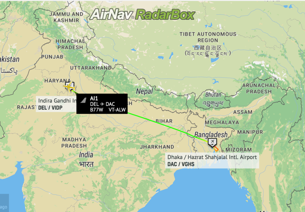 Air India One flight path Delhi dhaka