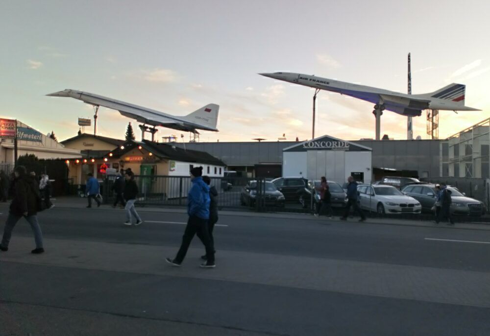 A Concorde and Tupolev Tu-144 on display side by side.